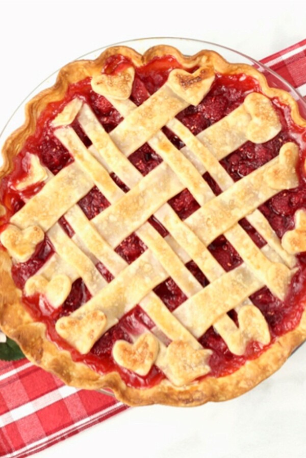 Baked raspberry pie with lattice crust in a pie dish.