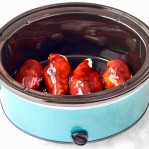 Maple Barbecue Chicken in a blue slow cooker.