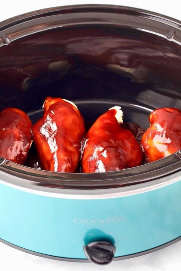 Maple Barbecue Chicken in a blue slow cooker.