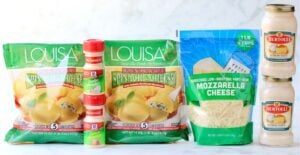 Alfredo Ravioli Ingredients including onion powder, garlic powder, and mozzarella cheese.