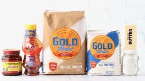 White Whole Wheat Bread ingredients including yeast, butter, and flour.