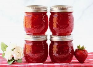 Strawberry Jam in small jars.