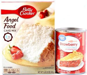 Jar of strawberry filling with a box of angel food cake mix.