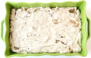 Apple Angel Food Cake batter in a green baking pan.