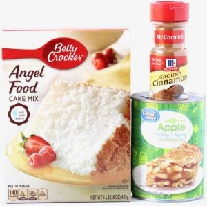 Containers of angel food cake mix, apple pie filling, and ground cinnamon.