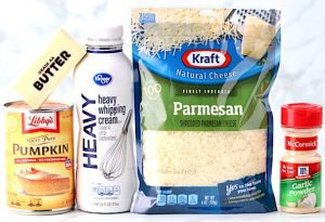 Ingredients including garlic powder, butter, and pumpkin.