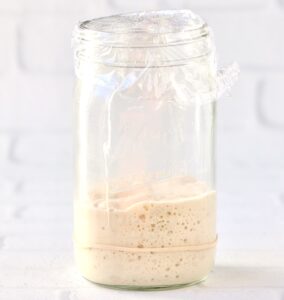 Sourdough starter in a jar covered with plastic wrap.