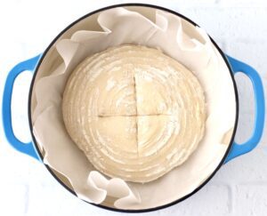 Bread dough with a scored X in a Dutch oven.