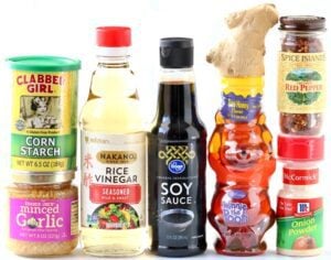 Ginger soy sauce ingredients including corn starch, crushed red pepper, and onion powder.