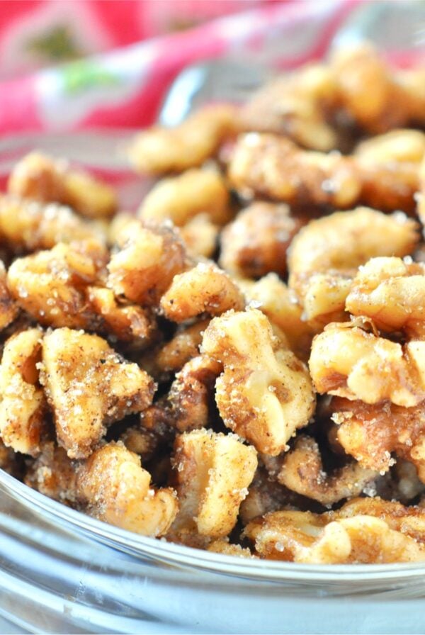 Spiced walnuts in a mason jar.