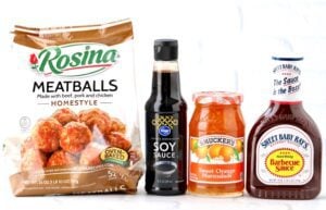 Meatballs, soy sauce, orange marmalade, and barbecue sauce.