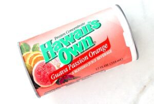 Container of Guava Passion Orange frozen concentrate.
