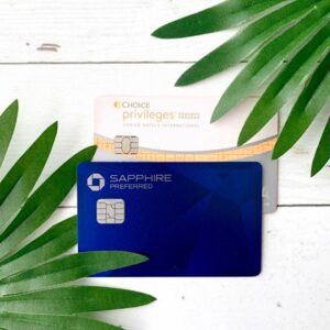 Credit cards with palm branches on the side.