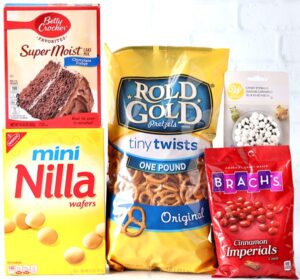 Rudolf cookie ingredients including Nilla wafers, pretzels, and chocolate fudge cake mix.