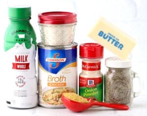Gravy ingredients including onion powder, pepper, and milk.