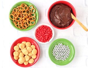 Bowls of reindeer cookie making supplies.