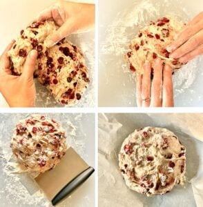 Process photos of shaping bread dough into a ball.