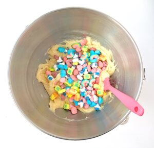 Cookie dough with Lucky Charms marshmallows.