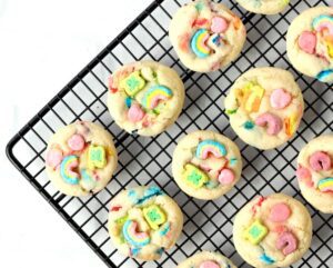 Wire rack of Lucky Charms cookies.