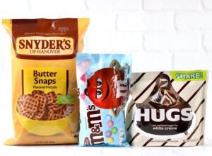 Bags of pretzels, M&Ms, and Hershey's hugs.