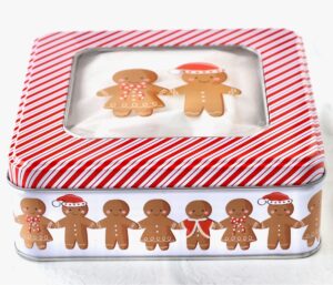 Cookie tin decorated with gingerbread men.