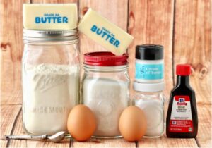 Sugar cookie ingredients including butter, eggs, and cream of tartar.