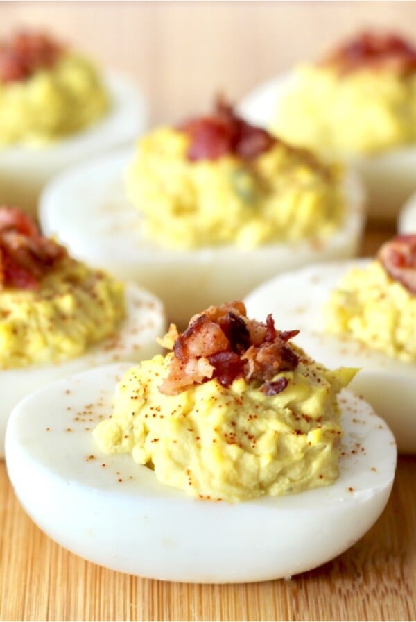Deviled Eggs on a cutting board.