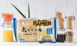 Teriyaki Noodle ingredients including ginger, carrots, and noodles.