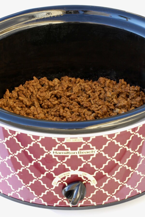 Browned meat in a slow cooker.