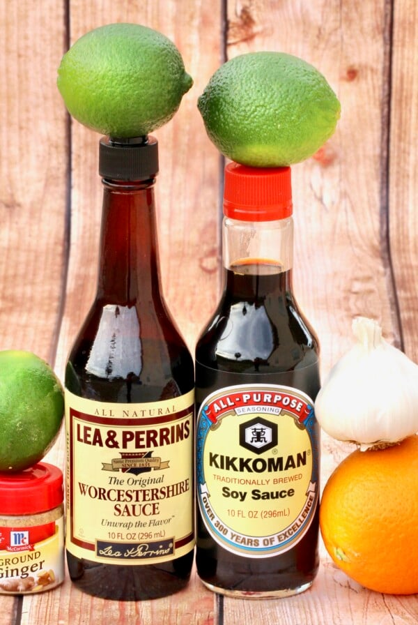 Marinade ingredients including soy sauce, ginger, and limes.