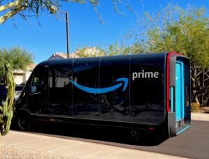 Amazon Prime truck on the road.