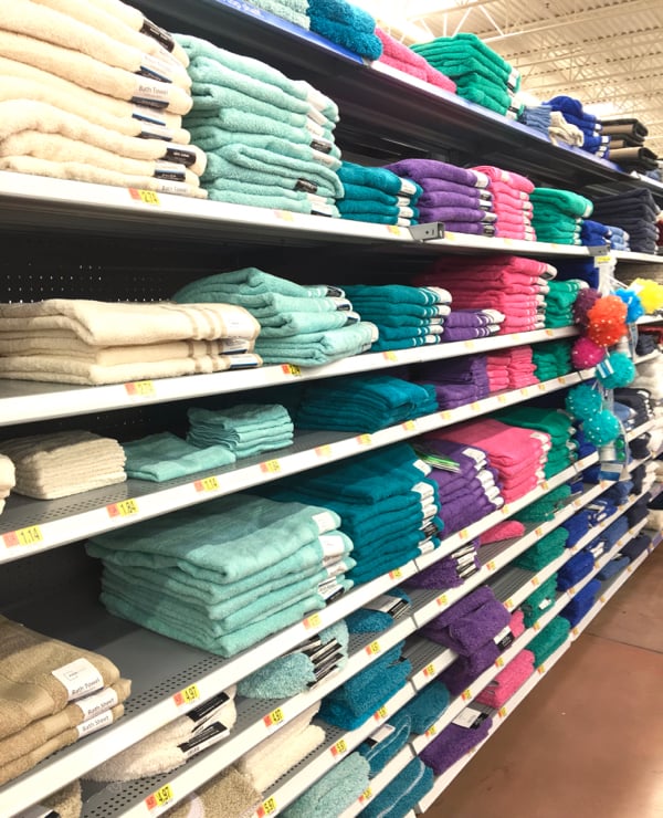 Bath towel aisle at Walmart.