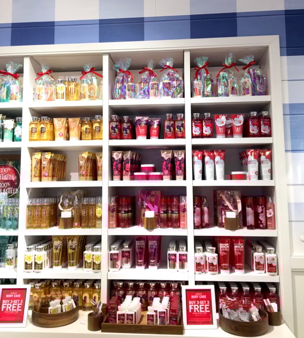 Bath and body works lotion and soap display.