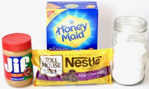 Peanut Butter Bar ingredients including chocolate chips, graham crackers, and peanut butter.