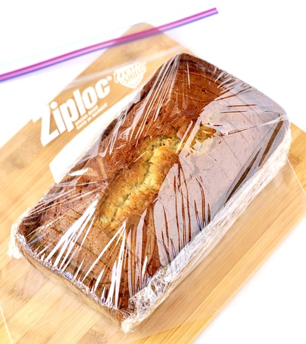 Loaf of banana bread in a gallon bag.