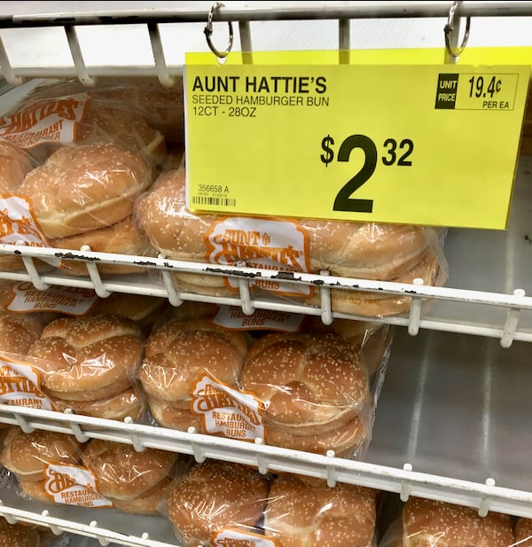 Hamburger bun rack at Sam\'s Club.