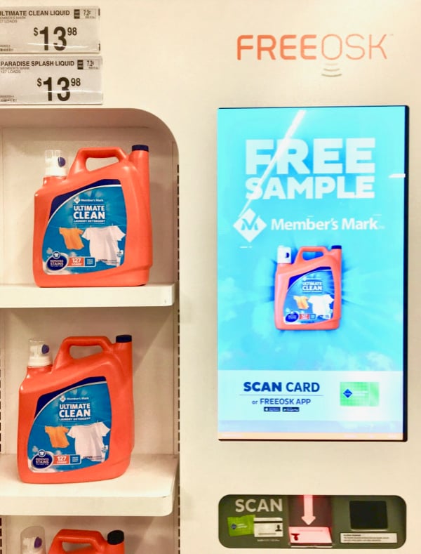 Free sample display for Member\'s Mark detergent.