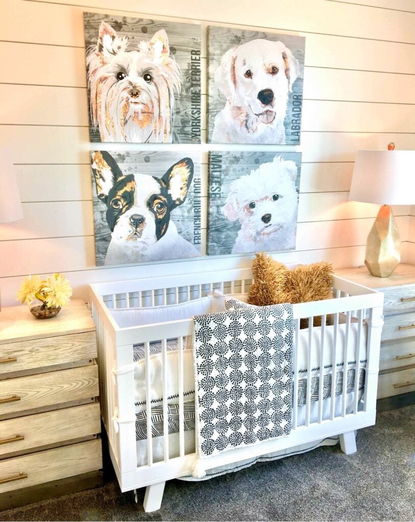 Four dog paintings over a white crib.