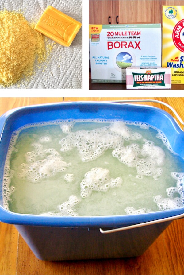 Collage of creating homemade liquid laundry detergent.