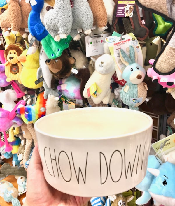 TJ Maxx Dog bowl with dog toys in the background.