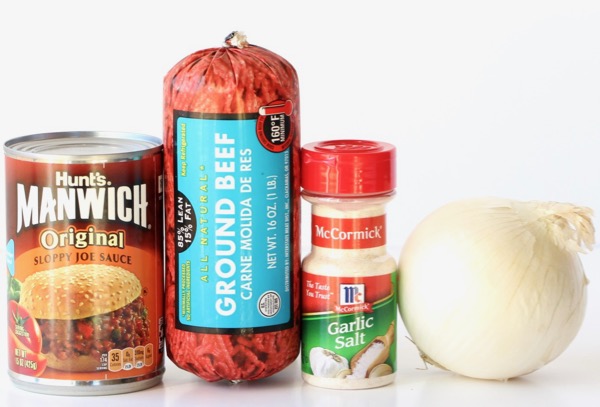 Sloppy Joes ingredients with Manwich, Ground Beef, Onion, and Garlic Salt.