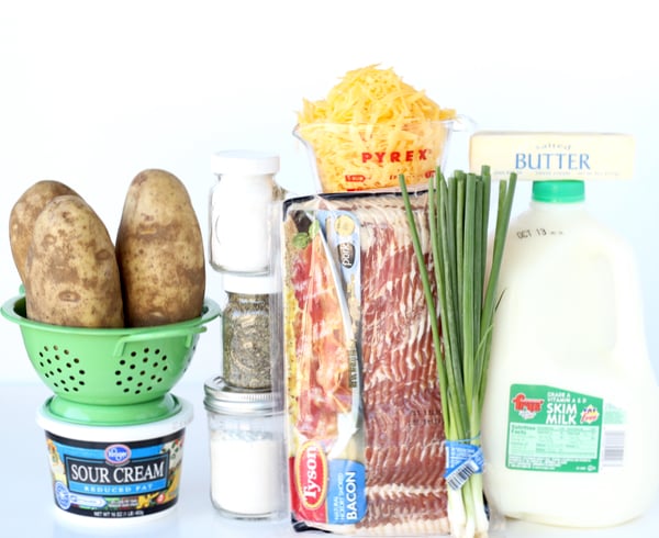 Potato soup ingredients including bacon, skim milk, and sour cream.