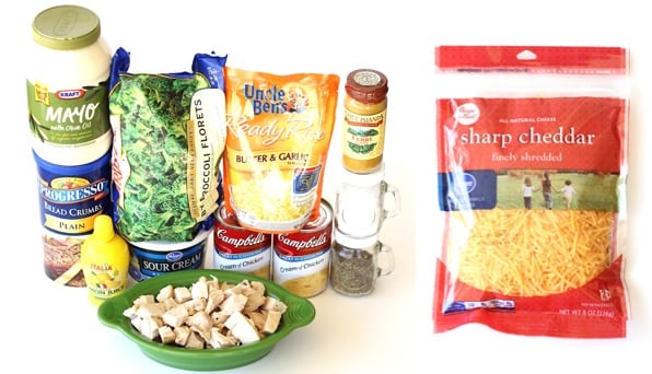 Chicken broccoli casserole ingredients including cheese, sour cream, and curry powder.