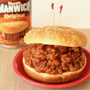 Sloppy Joe on a bun stuck with toothpicks.