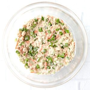 Salmon Sandwich filling mixed in a glass bowl.