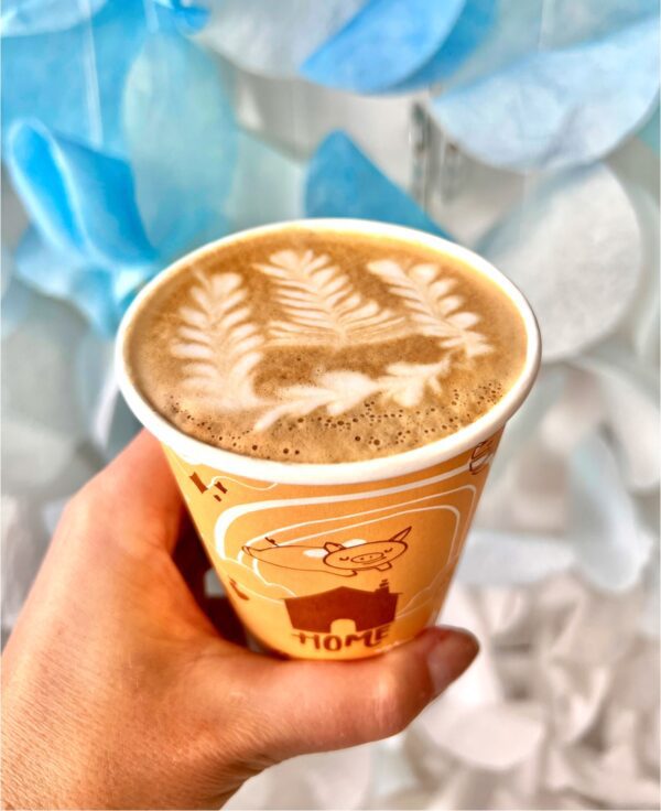 Person holding a cup of coffee with flower decorations on top.