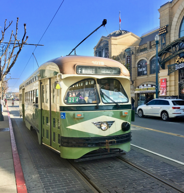 Green trolley car in San Francisco.