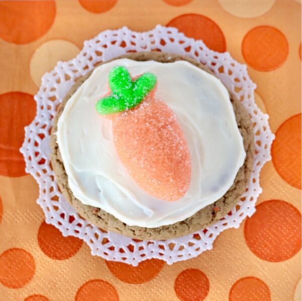 Carrot Cake Cookie with Cream Cheese Icing and a carrot-shaped marshmallow.