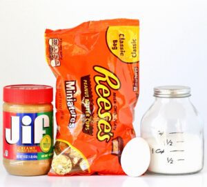 Reese's Peanut Butter Cup Cookies ingredients arranged in a neat row.