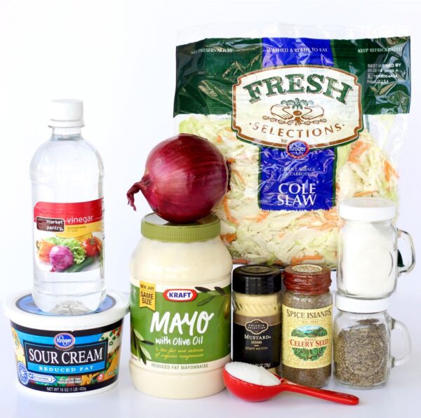 Coleslaw ingredients including mayo, sour cream, and vinegar.